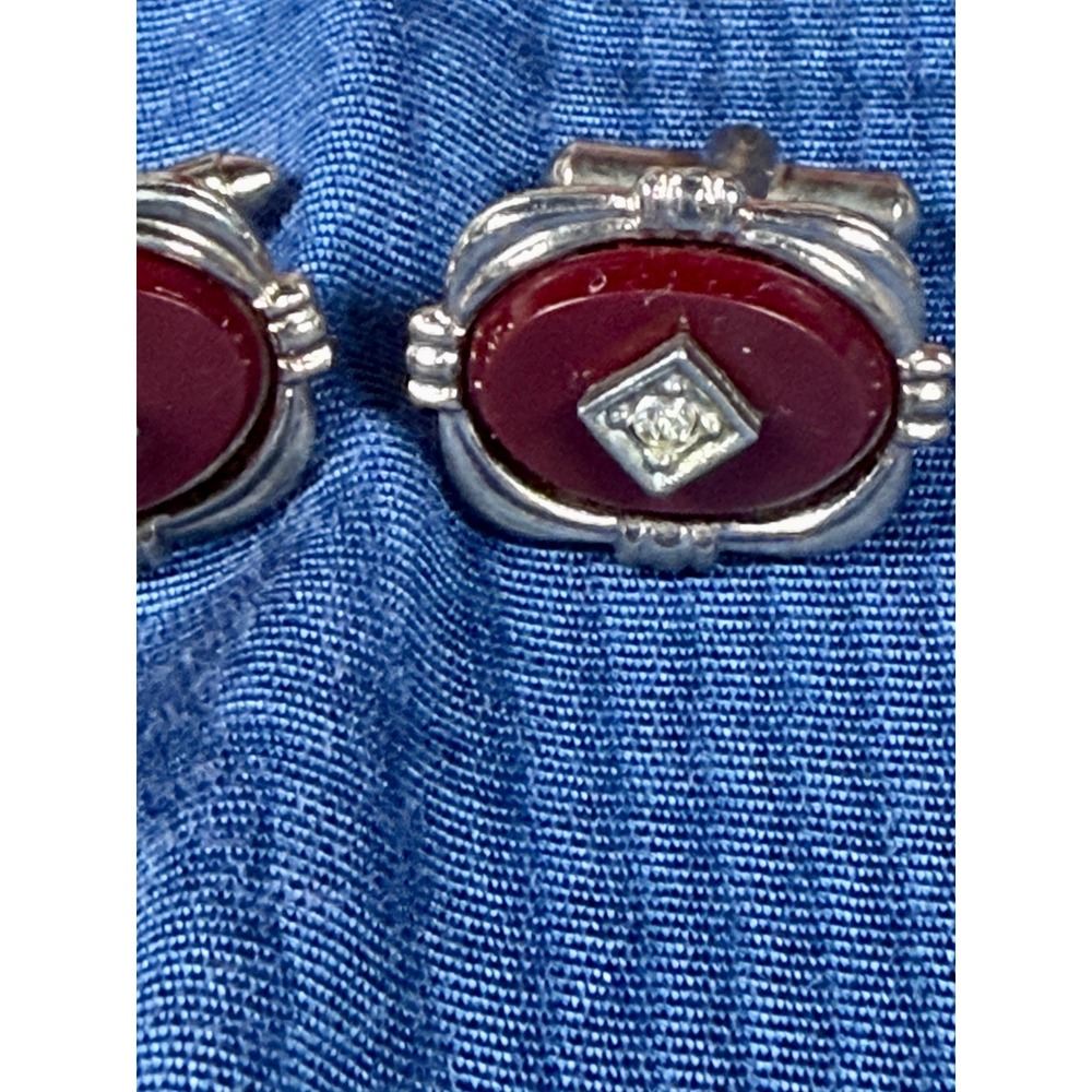 Vintage Silver Tone Red Stone Rhinestone Oval Cufflinks Mens Formal Accessory - Picture 4 of 6